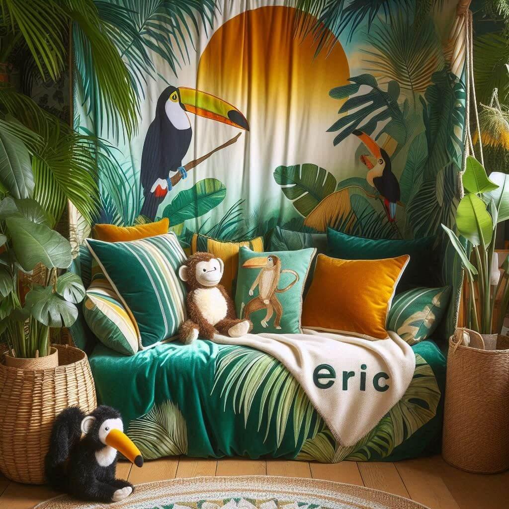Coin lecture inspire de la jungle tropicale avec des tons de verts de jaunes et d oranges des coussins en forme de toucans et de singes et le prenom eric inscrit sur une couverture