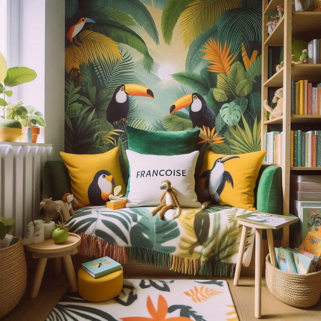 Coin lecture inspire de la jungle tropicale avec des tons de verts de jaunes et d oranges des coussins en forme de toucans et de singes et le prenom francoise inscrit sur une couve