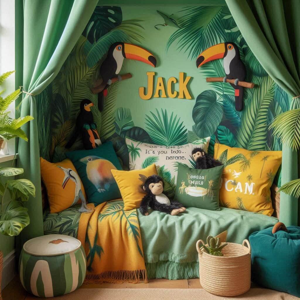Coin lecture inspire de la jungle tropicale avec des tons de verts de jaunes et d oranges des coussins en forme de toucans et de singes et le prenom jack inscrit sur une couverture
