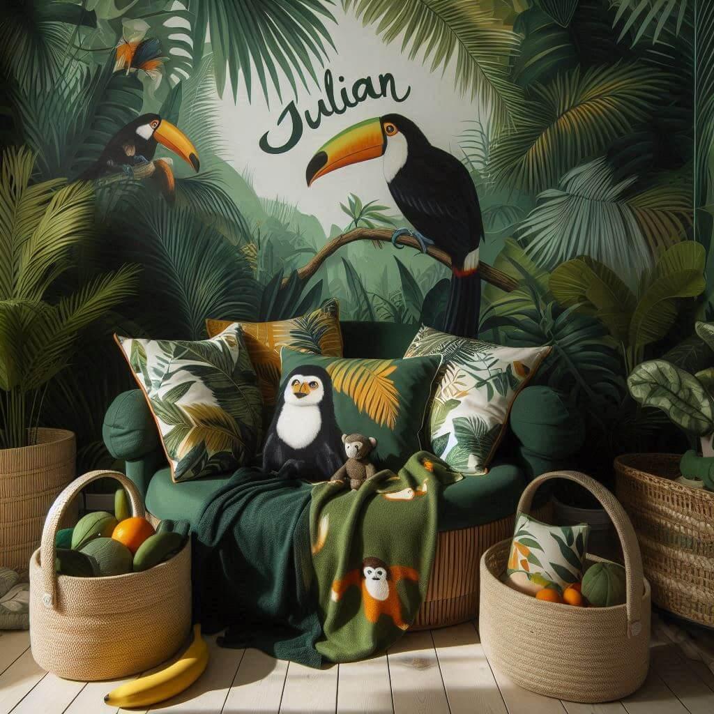 Coin lecture inspire de la jungle tropicale avec des tons de verts de jaunes et d oranges des coussins en forme de toucans et de singes et le prenom julian inscrit sur une couvertu