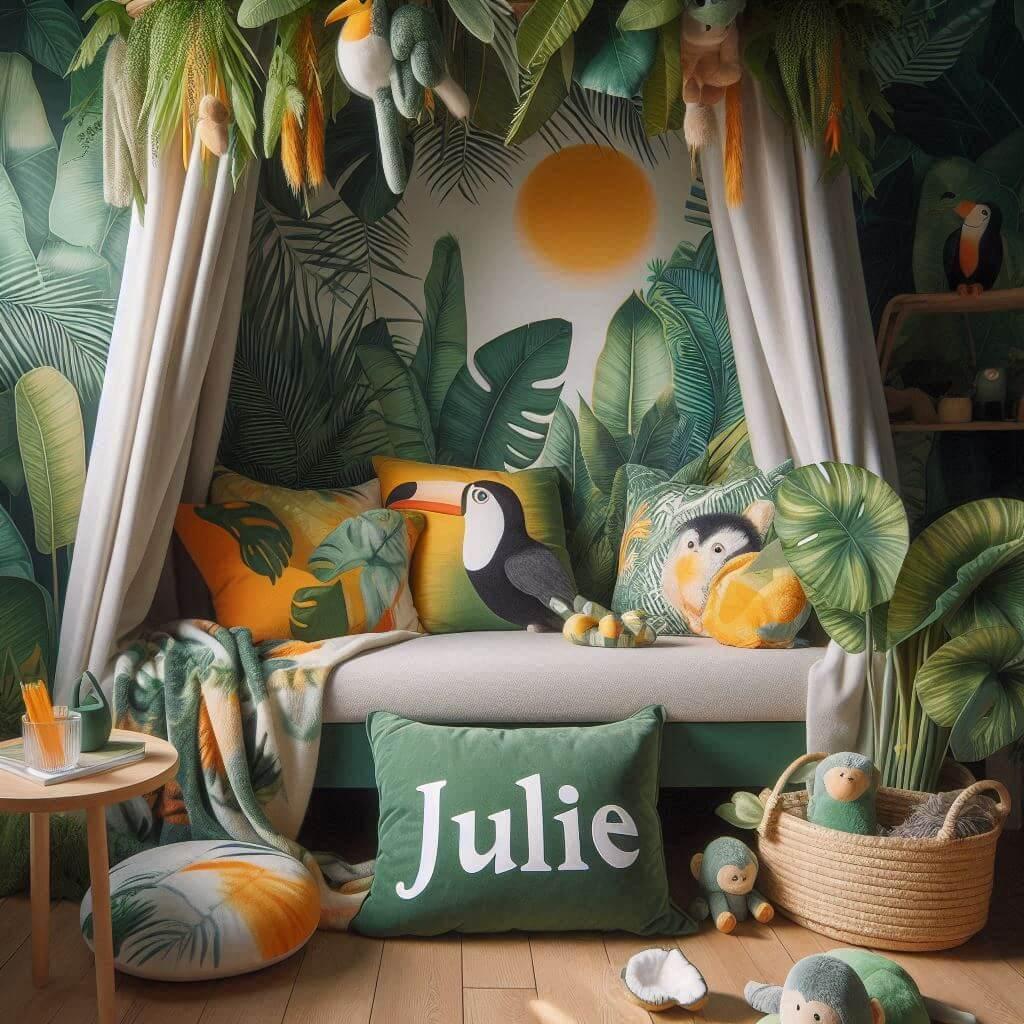 Coin lecture inspire de la jungle tropicale avec des tons de verts de jaunes et d oranges des coussins en forme de toucans et de singes et le prenom julie