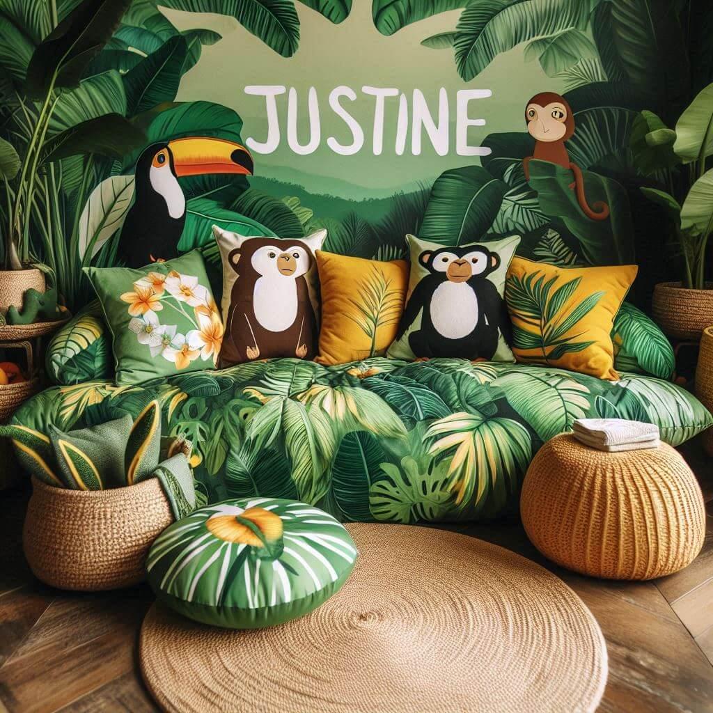Coin lecture inspire de la jungle tropicale avec des tons de verts de jaunes et d oranges des coussins en forme de toucans et de singes et le prenom justine inscrit sur une couvert