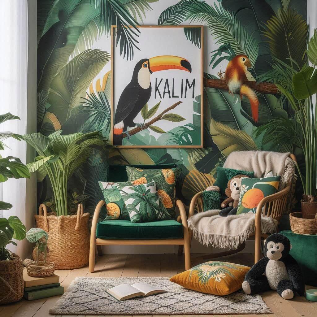 Coin lecture inspire de la jungle tropicale avec des tons de verts de jaunes et d oranges des coussins en forme de toucans et de singes et le prenom kalim inscrit sur une couvertur