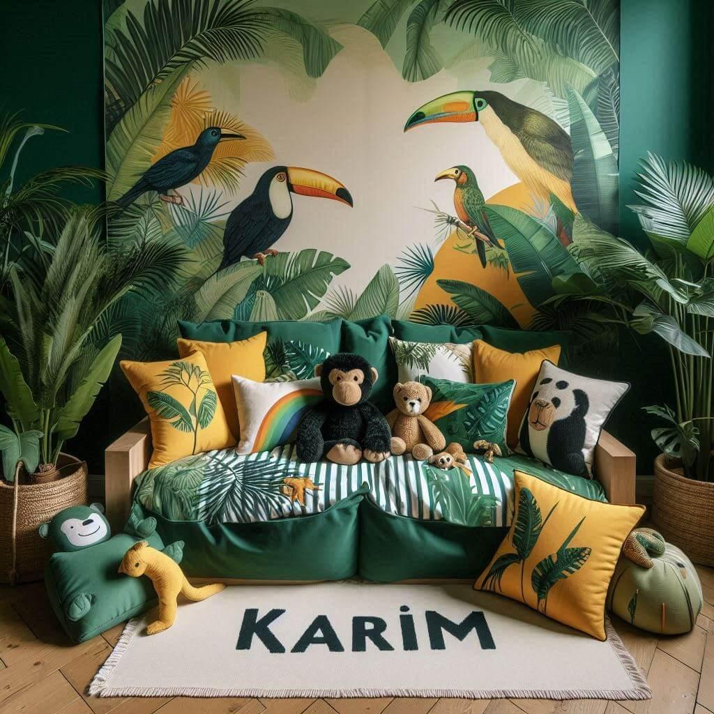 Coin lecture inspire de la jungle tropicale avec des tons de verts de jaunes et d oranges des coussins en forme de toucans et de singes et le prenom karim inscrit sur une couvertur