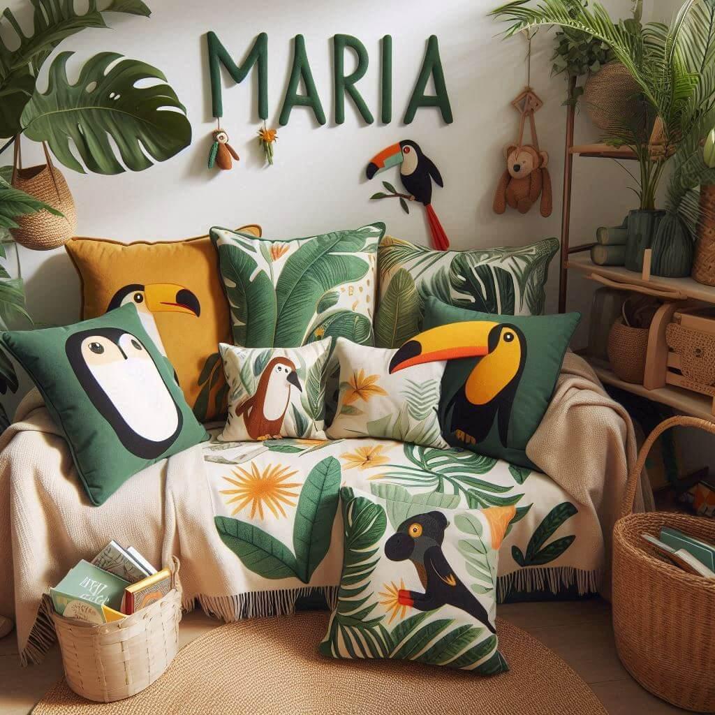 Coin lecture inspire de la jungle tropicale avec des tons de verts de jaunes et d oranges des coussins en forme de toucans et de singes et le prenom maria inscrit sur une couvertur