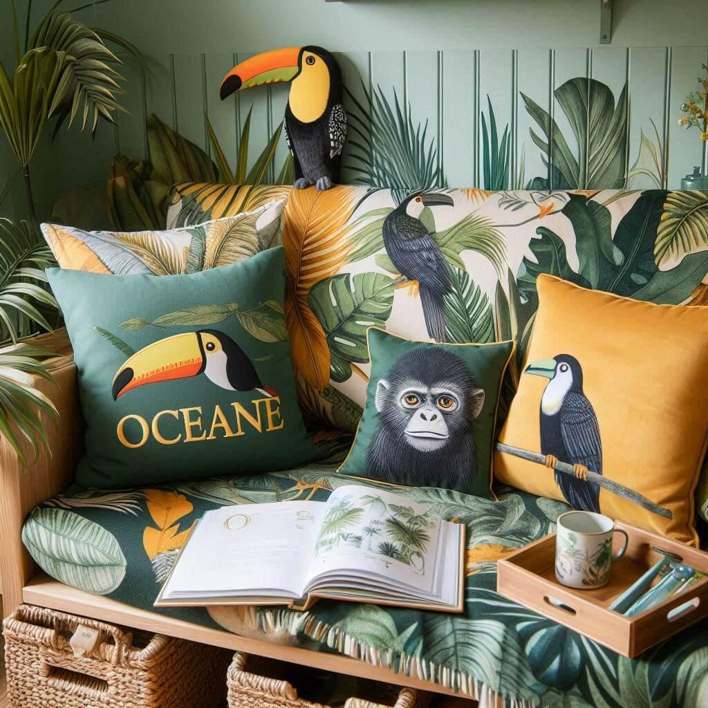 Coin lecture inspire de la jungle tropicale avec des tons de verts de jaunes et d oranges des coussins en forme de toucans et de singes et le prenom oceane inscrit sur une couvertu