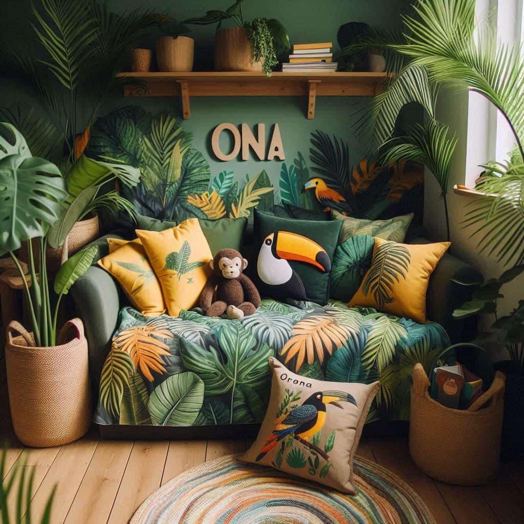 Coin lecture inspire de la jungle tropicale avec des tons de verts de jaunes et d oranges des coussins en forme de toucans et de singes et le prenom ona inscrit sur une couverture