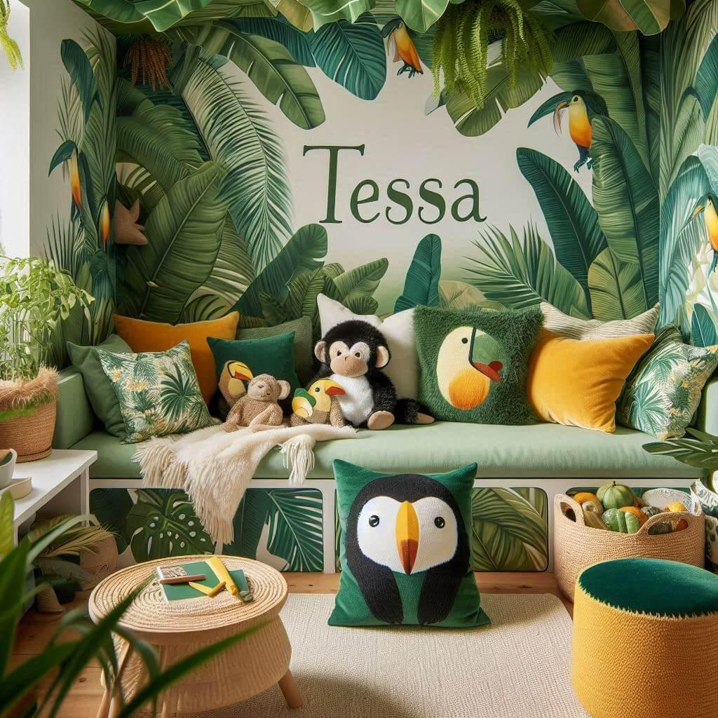 Coin lecture inspire de la jungle tropicale avec des tons de verts de jaunes et d oranges des coussins en forme de toucans et de singes et le prenom tessa inscrit sur une couvertur