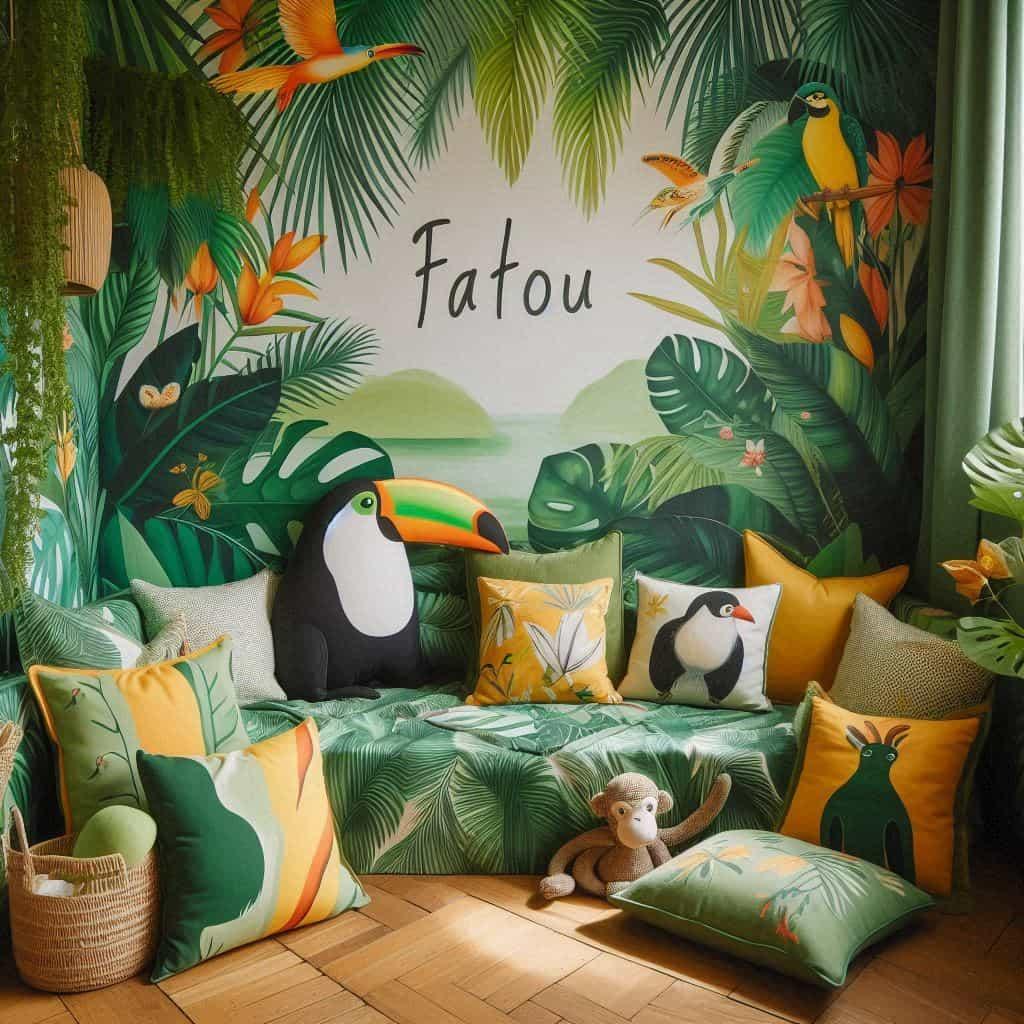 Coin lecture inspire de la jungle tropicale avec des tons de verts de jaunes et d oranges des coussins en forme de toucans et de singes prenom fatou