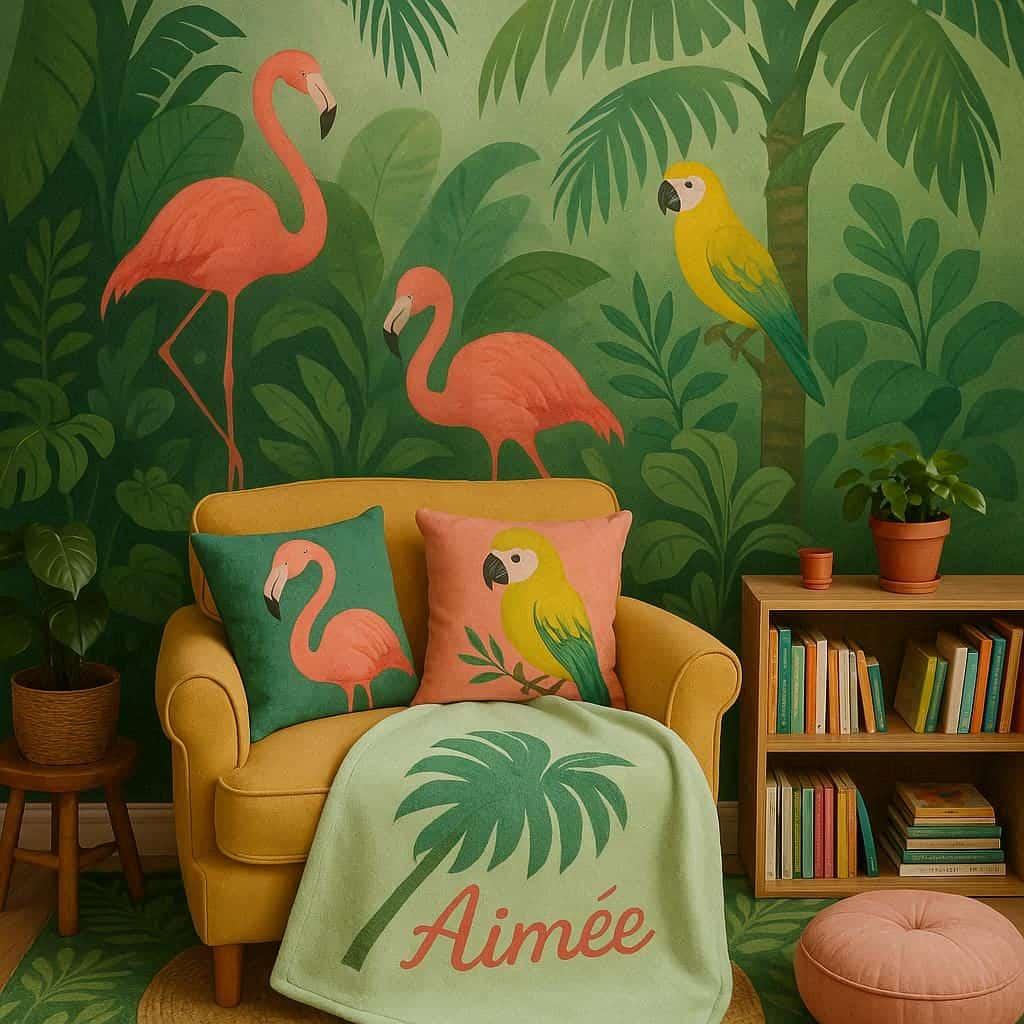 Coin lecture inspire de la jungle tropicale avec des tons de verts de jaunes et de rose des coussins en forme de flamant rose et de perroquet et le prenom aime inscrit sur une couv