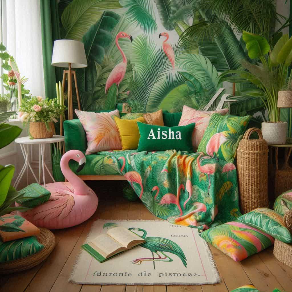 Coin lecture inspire de la jungle tropicale avec des tons de verts de jaunes et de rose des coussins en forme de flamant rose et de perroquet et le prenom aisha inscrit sur une cou