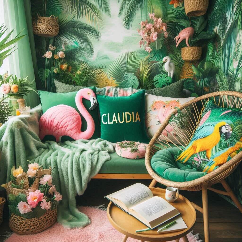 Coin lecture inspire de la jungle tropicale avec des tons de verts de jaunes et de rose des coussins en forme de flamant rose et de perroquet et le prenom claudia inscrit sur une c