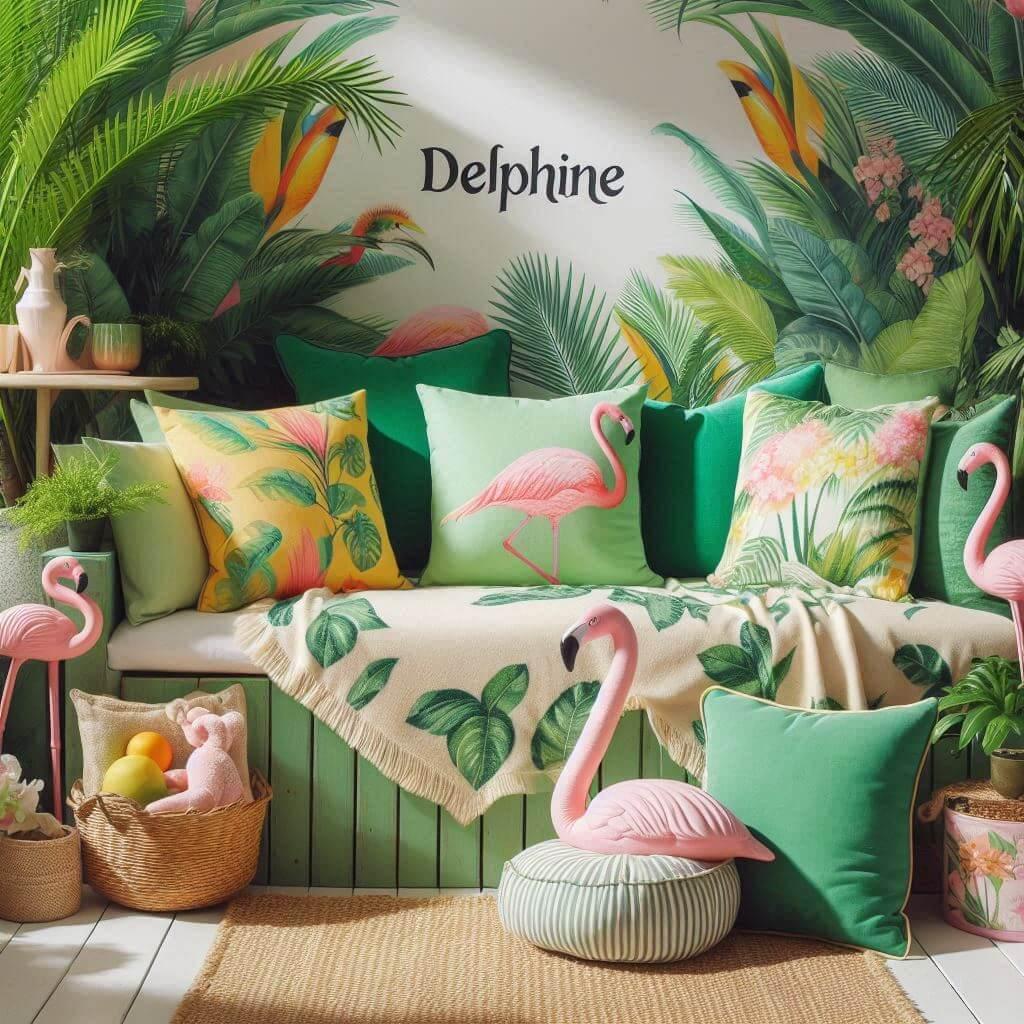 Coin lecture inspire de la jungle tropicale avec des tons de verts de jaunes et de rose des coussins en forme de flamant rose et de perroquet et le prenom delphine inscrit sur une