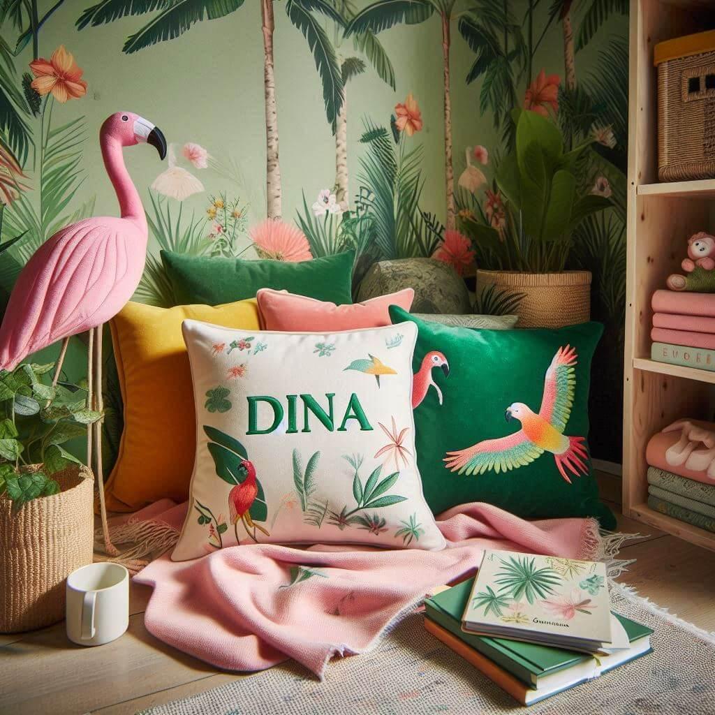 Coin lecture inspire de la jungle tropicale avec des tons de verts de jaunes et de rose des coussins en forme de flamant rose et de perroquet et le prenom dina inscrit sur une couv