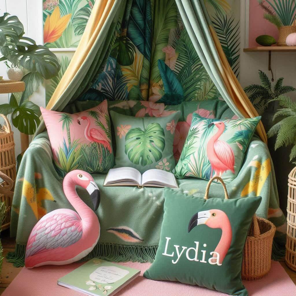 Coin lecture inspire de la jungle tropicale avec des tons de verts de jaunes et de rose des coussins en forme de flamant rose et de perroquet et le prenom lydia inscrit sur une cou