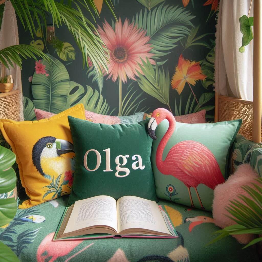 Coin lecture inspire de la jungle tropicale avec des tons de verts de jaunes et de rose des coussins en forme de flamant rose et de perroquet et le prenom olga inscrit sur une couv