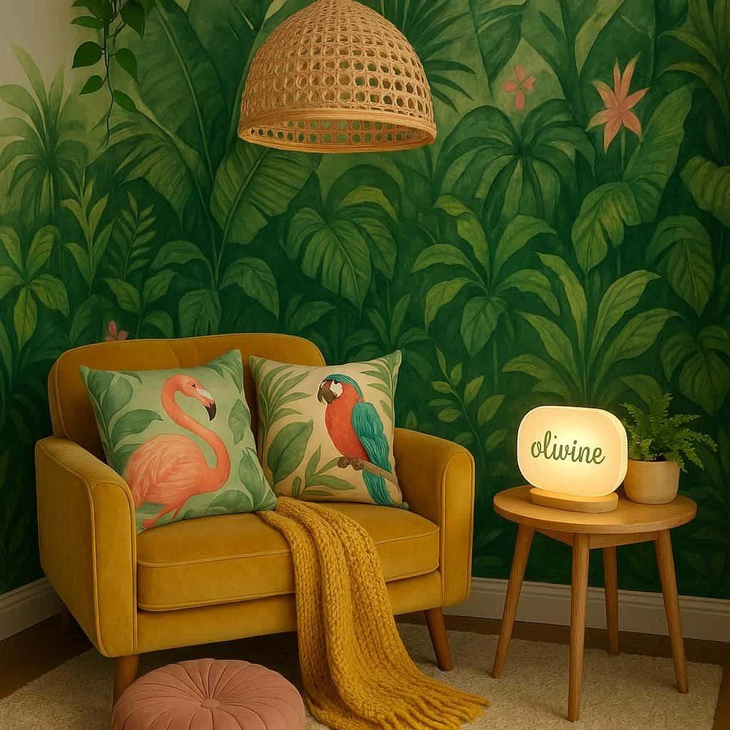 Coin lecture inspire de la jungle tropicale avec des tons de verts de jaunes et de rose des coussins en forme de flamant rose et de perroquet et le prenom olivine