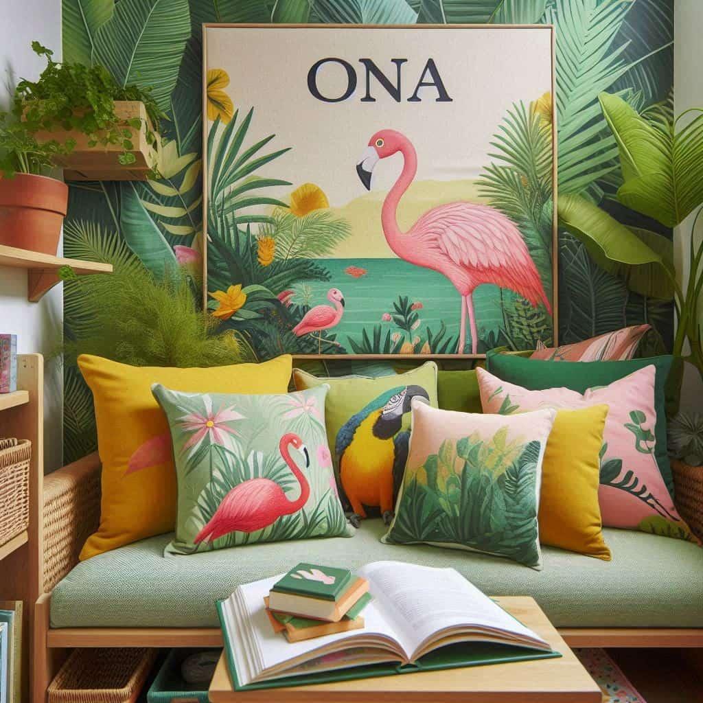 Coin lecture inspire de la jungle tropicale avec des tons de verts de jaunes et de rose des coussins en forme de flamant rose et de perroquet et le prenom ona inscrit sur une couve