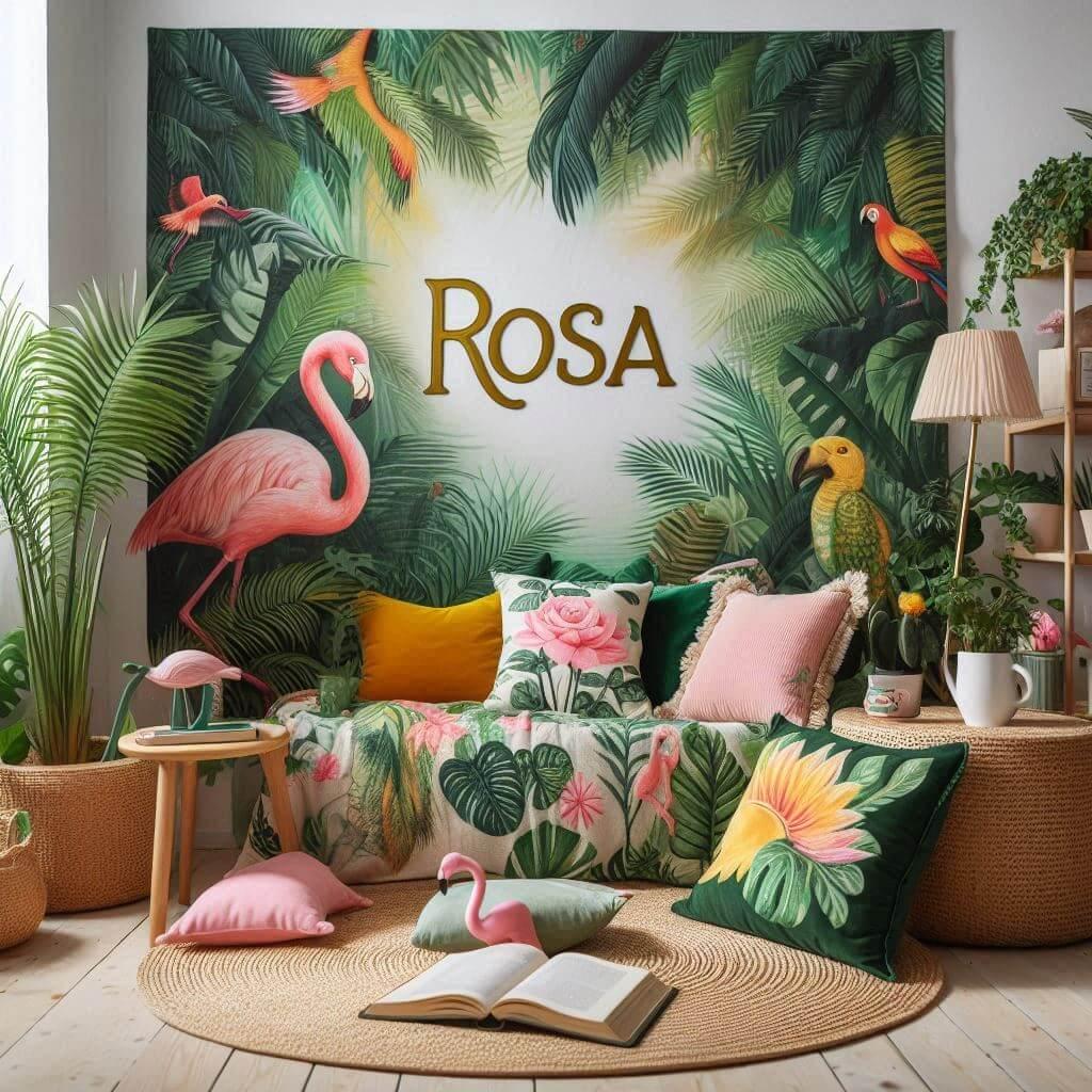 Coin lecture inspire de la jungle tropicale avec des tons de verts de jaunes et de rose des coussins en forme de flamant rose et de perroquet et le prenom rosa inscrit sur une couv