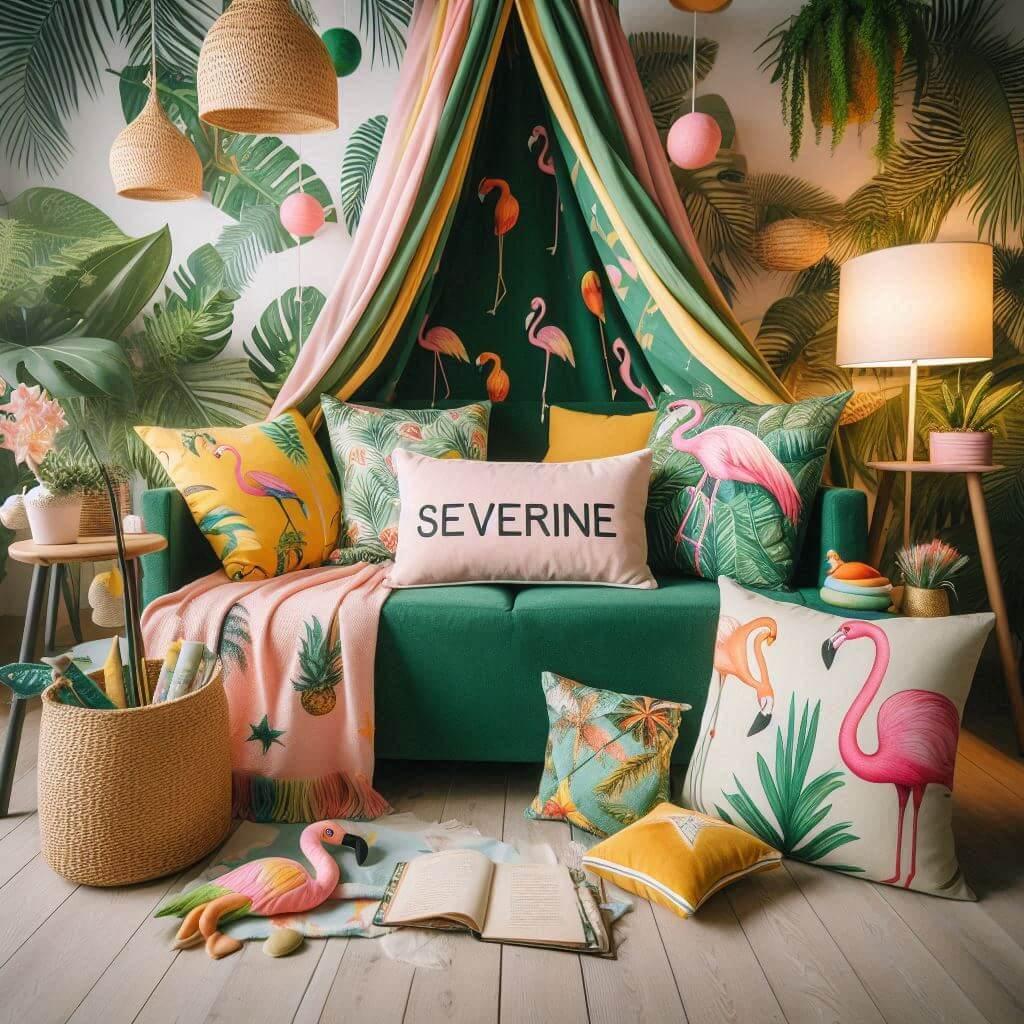 Coin lecture inspire de la jungle tropicale avec des tons de verts de jaunes et de rose des coussins en forme de flamant rose et de perroquet et le prenom severine inscrit sur une