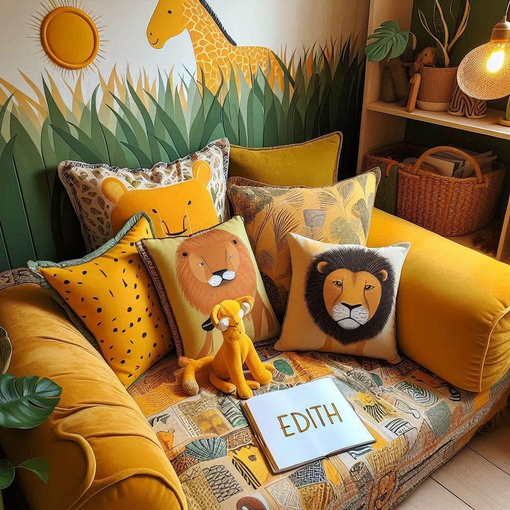 Coin lecture inspire de la savane africaine avec des tons de jaunes oranges et verts des coussins en forme de lions elephants et girafes et le prenom edith inscrit en lettres styli