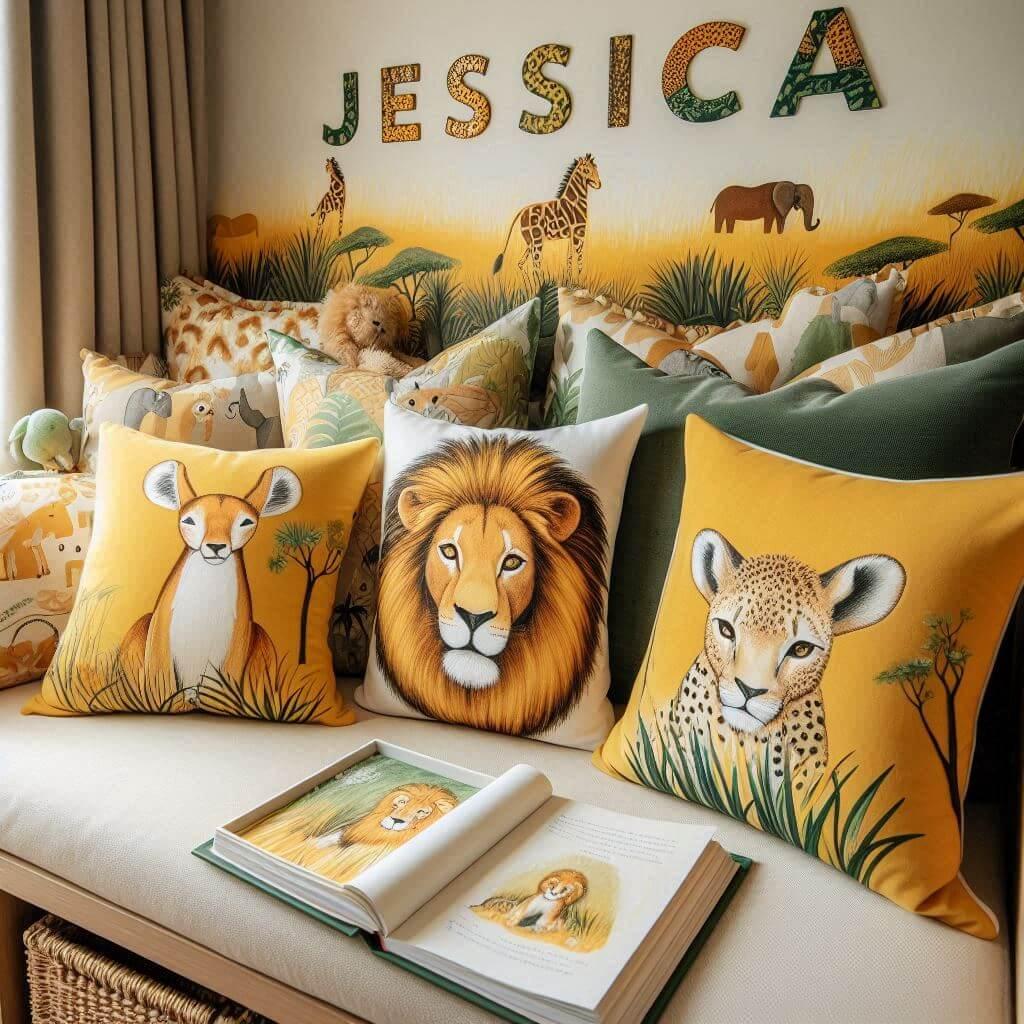 Coin lecture inspire de la savane africaine avec des tons de jaunes oranges et verts des coussins en forme de lions elephants et girafes et le prenom jessica inscrit en lettres sty