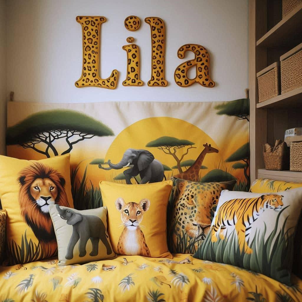 Coin lecture inspire de la savane africaine avec des tons de jaunes oranges et verts des coussins en forme de lions elephants et girafes et le prenom lila inscrit en lettres stylis
