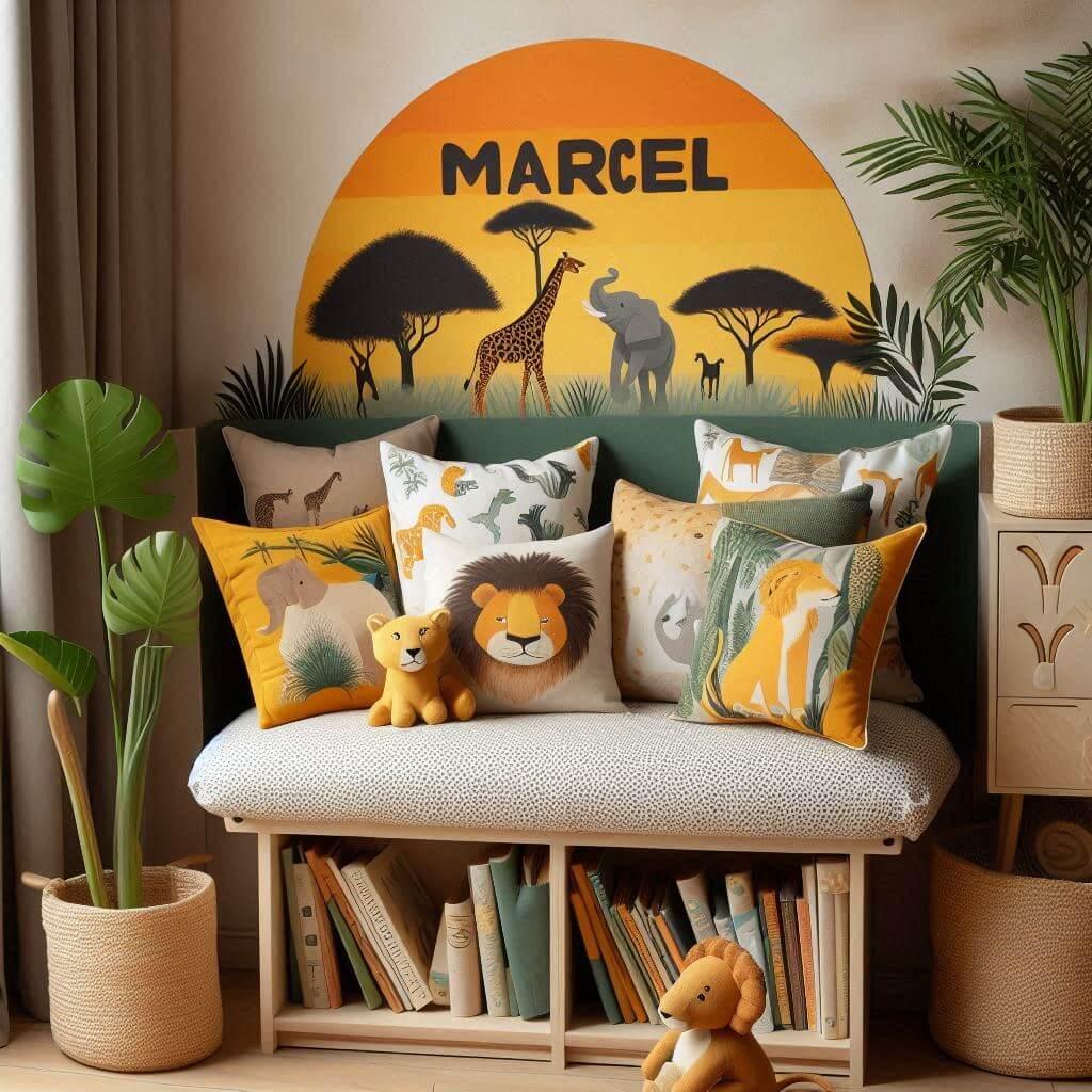 Coin lecture inspire de la savane africaine avec des tons de jaunes oranges et verts des coussins en forme de lions elephants et girafes et le prenom marcel