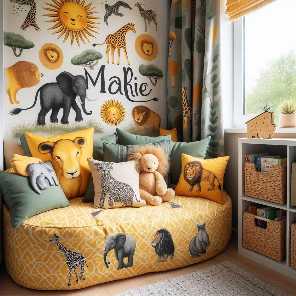 Coin lecture inspire de la savane africaine avec des tons de jaunes oranges et verts des coussins, prenom marie