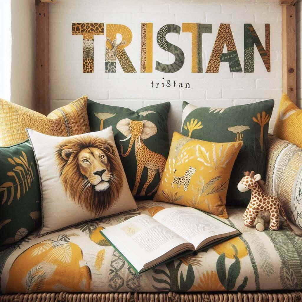 Coin lecture inspire de la savane africaine avec des tons de jaunes oranges et verts des coussins en forme de lions elephants et girafes et le prenom tristan