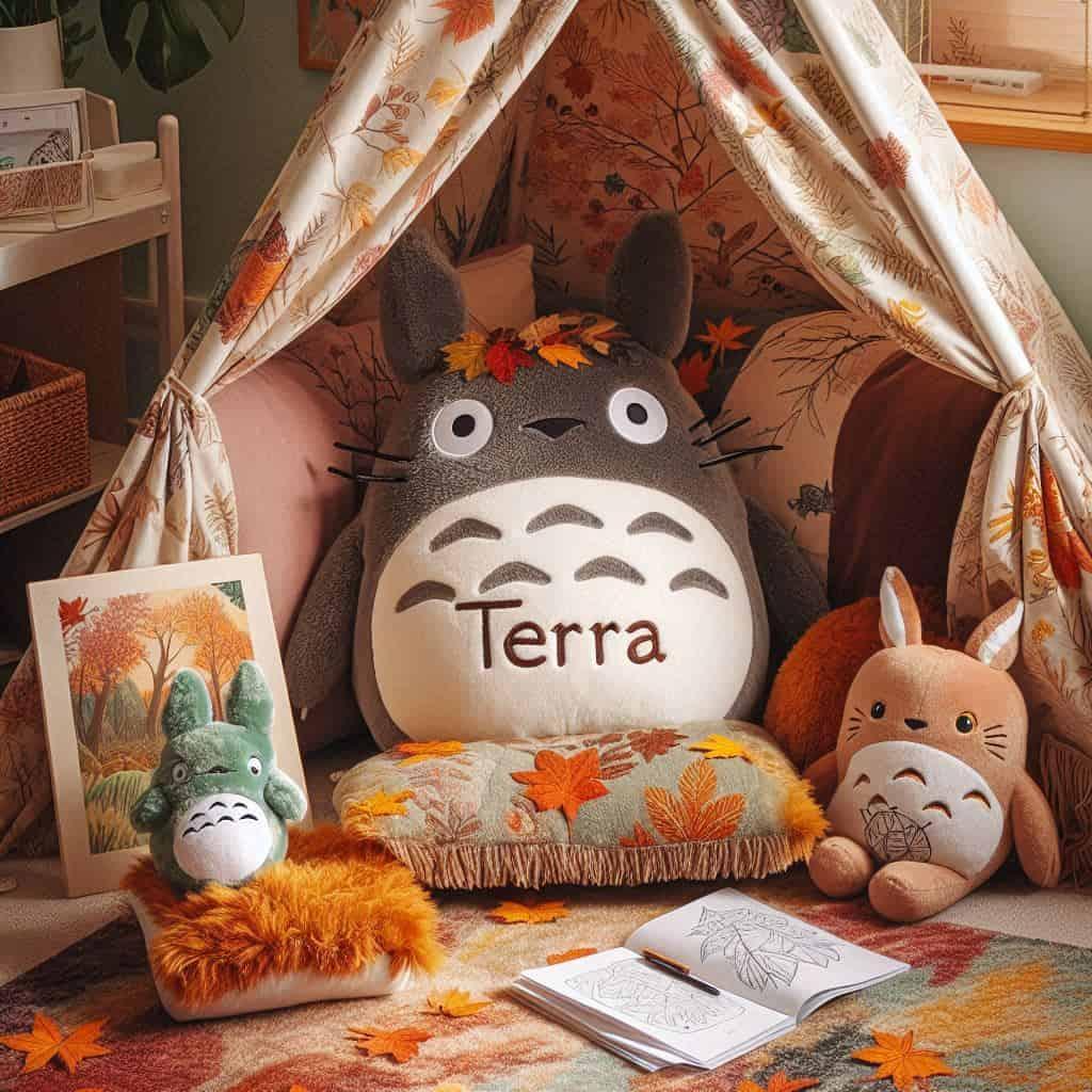Coin lecture inspire de mon voisin totoro avec tapis automnal peluches totoro chibi et noireaudes tipi cosy cahiers ghibli et coussin personnalise prenom terra 1