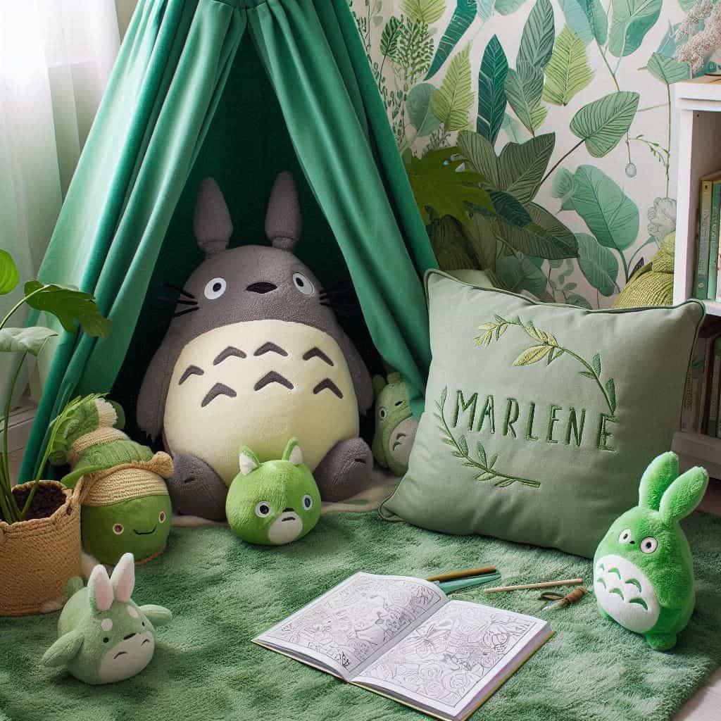Coin lecture inspire de mon voisin totoro avec tapis feuillu peluches totoro chibi et noireaudes tipi cosy cahiers de coloriage ghibli et coussin brode du prenom marlene