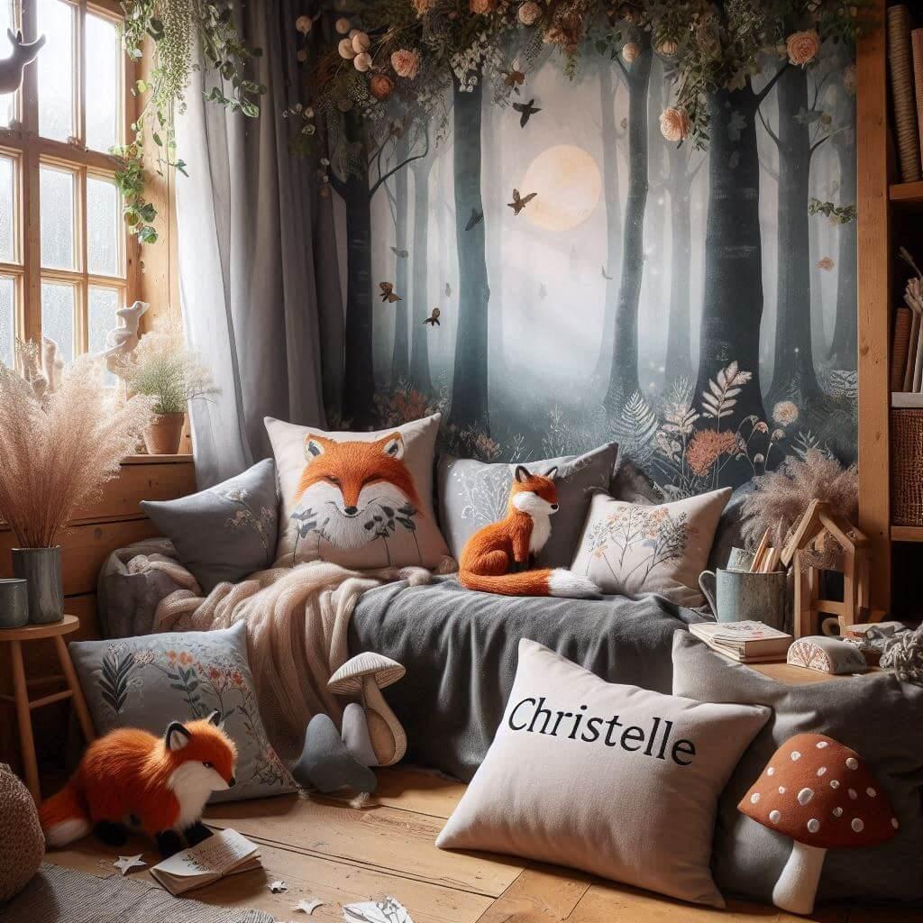 Coin lecture inspire des forets enchantees avec une foret brumeuse des silhouettes derobees d arbres des touches de lumiere filtree des coussins en forme de champignons et de renar