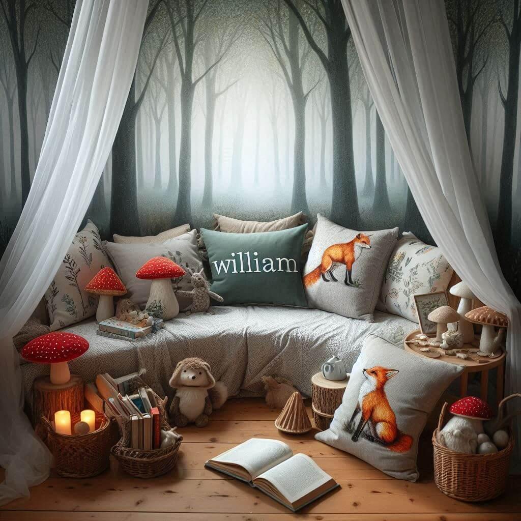 Coin lecture inspire des forets enchantees avec une foret brumeuse des silhouettes derobees d arbres des touches de lumiere filtree des coussins en forme de champignons et de renar