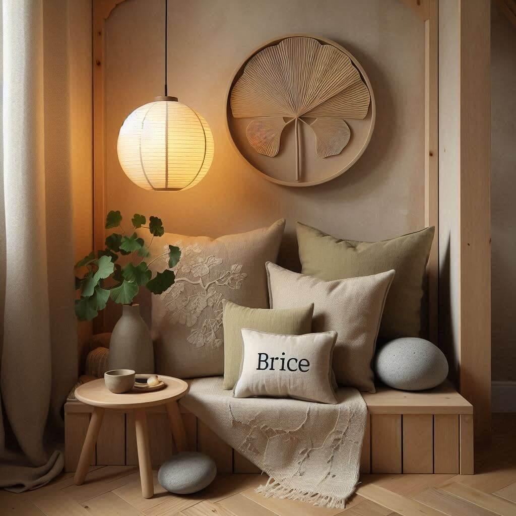 Coin lecture inspire du style japandi une harmonie de beige vert sauge et bois clair une lumiere tamisee facon lanterne en papier des coussins en forme de feuille de ginkgo et de g