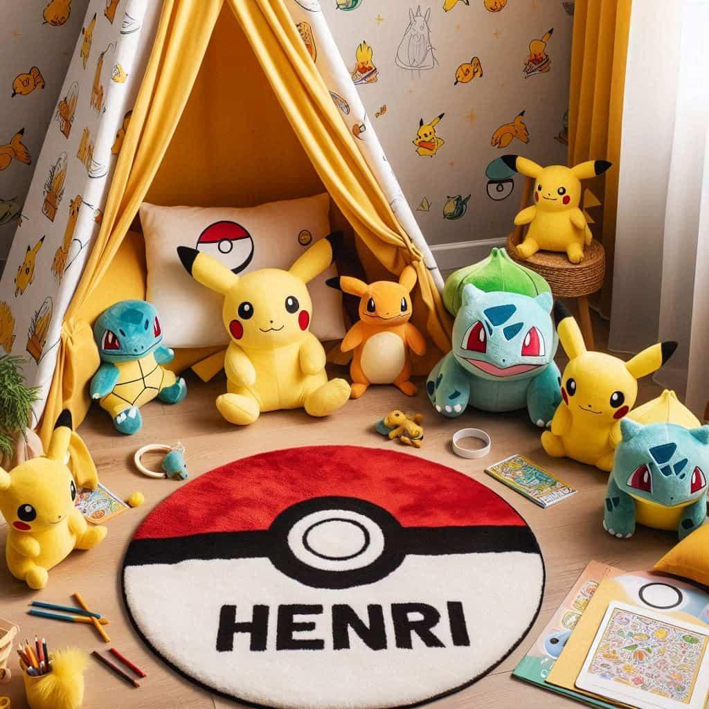 Coin lecture pokemon pour enfant avec tapis pokeballs peluches pikachu bulbizarre dracaufeu tipi arene coloriages et coussin personnalise henri dans des tons rouge jaune et bleu