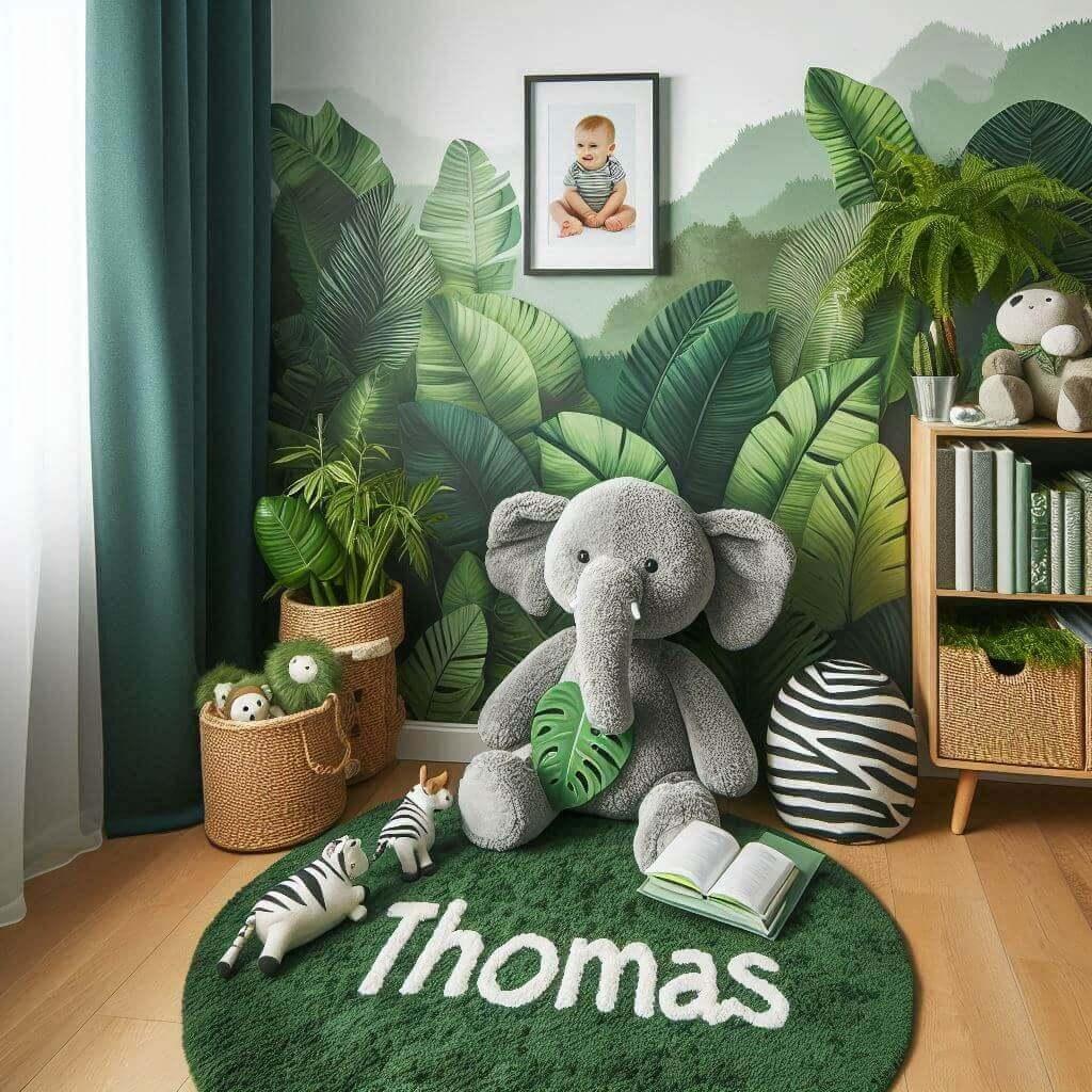 Coin lecture pour bebe avec le prenom thomas chambre theme jungle