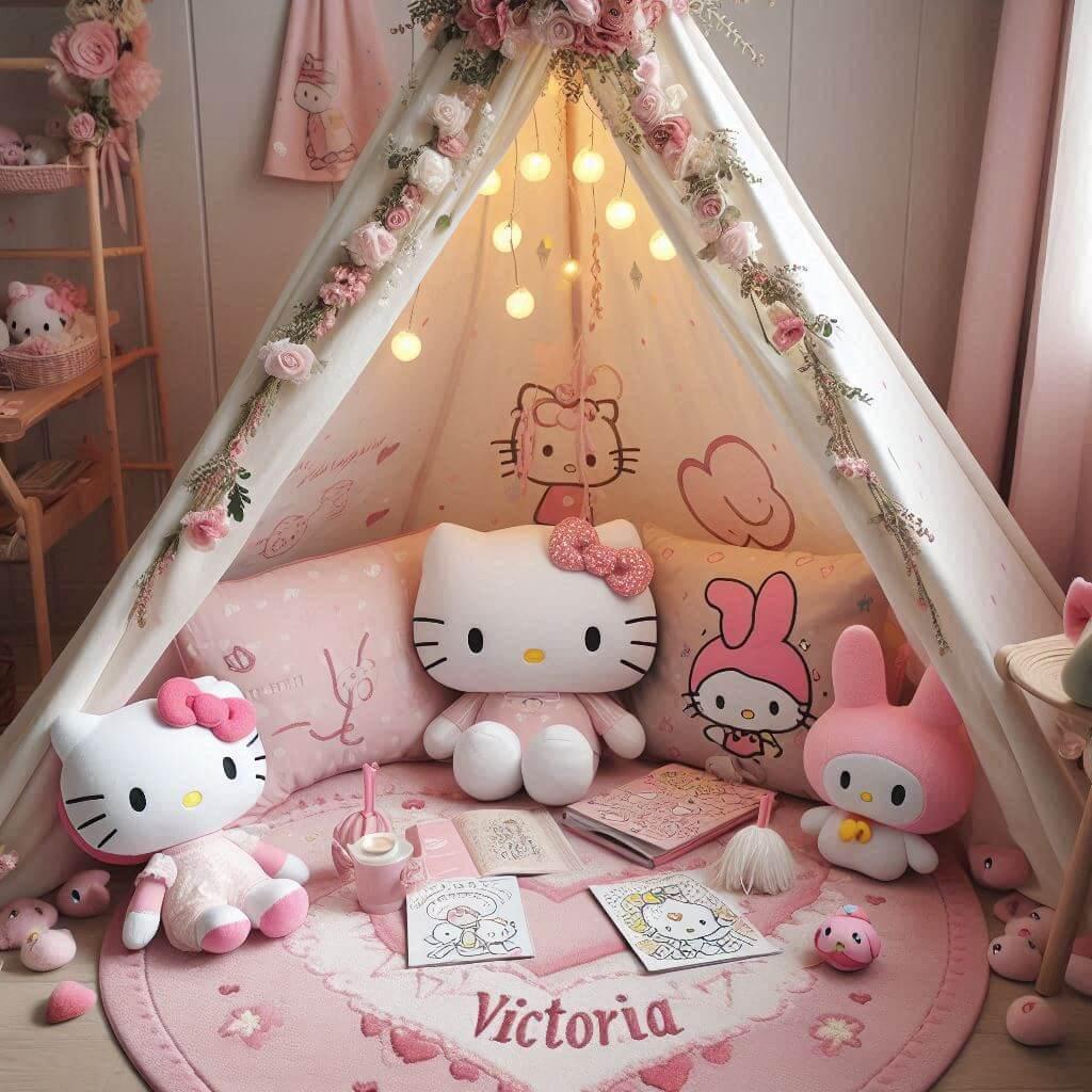 Coin lecture pour chambre de petite fille avec tipi theme hello kitty prenom victoria 1
