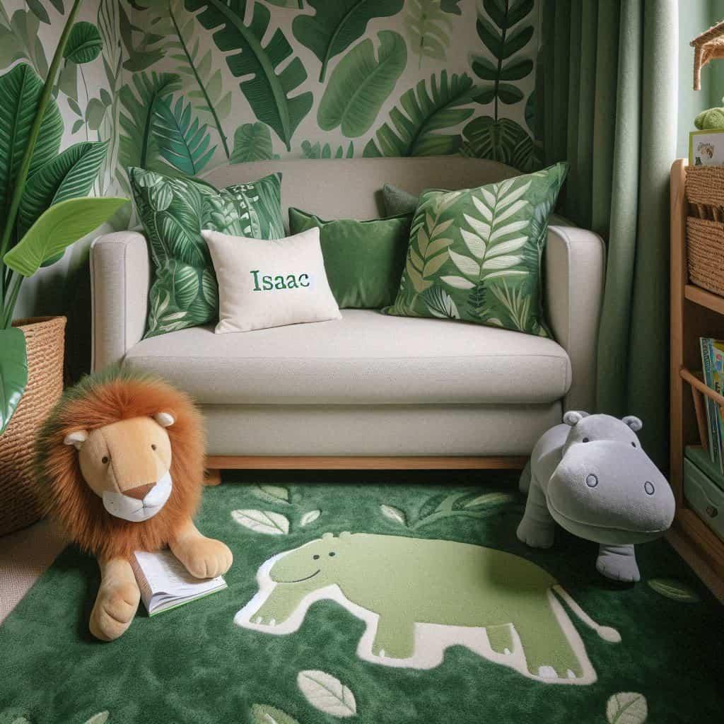 Coin lecture pour enfant avec canape vert et coussin brode du prenom isaac livre sur la jungle tapis a motif de feuilles peluche lion et peluche hippopotame dans une ambiance veget