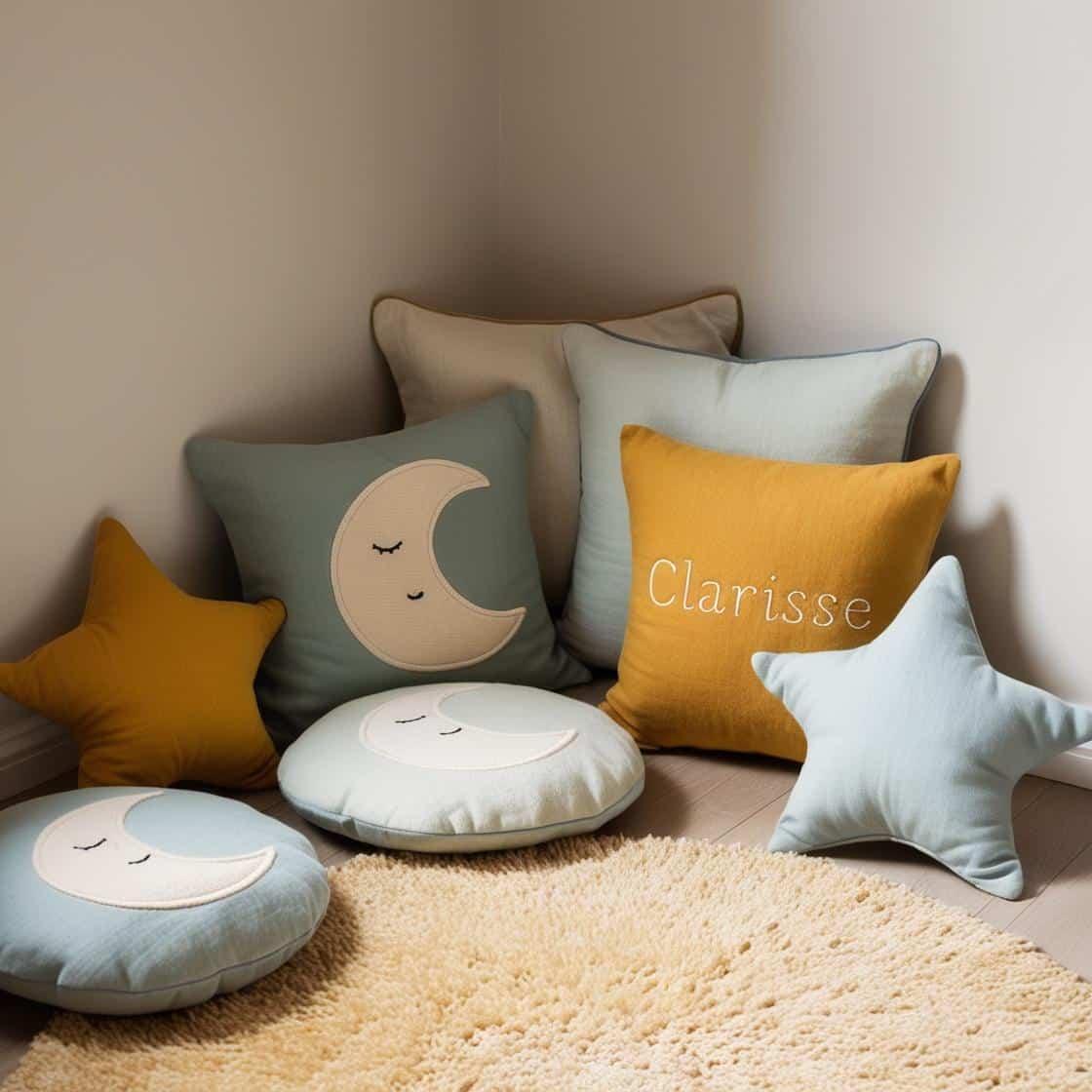 Coin lecture pour enfant avec coussins couleur vert d eau bleu pale moutarde avec le prenom clarisse