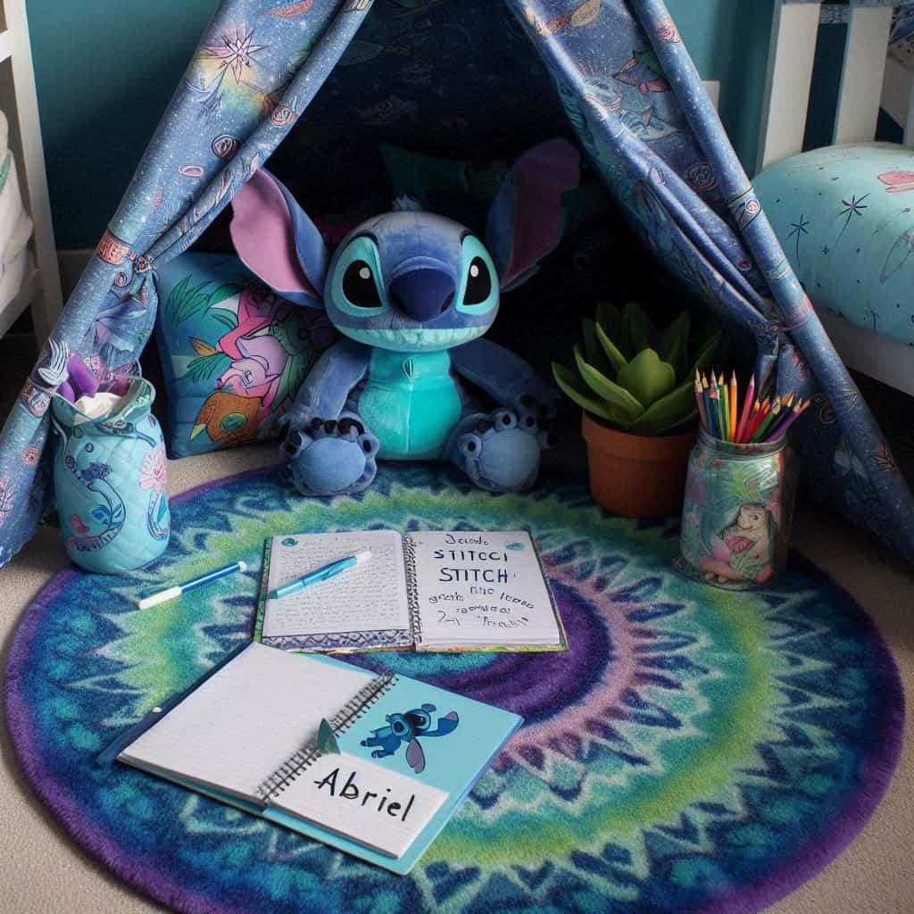 Coin lecture pour enfant inspire de stitch aux tons bleus verts et violets avec un tapis doux a motifs exotiques des peluches de stitch et ses amis un tipi decore du prenom abriel