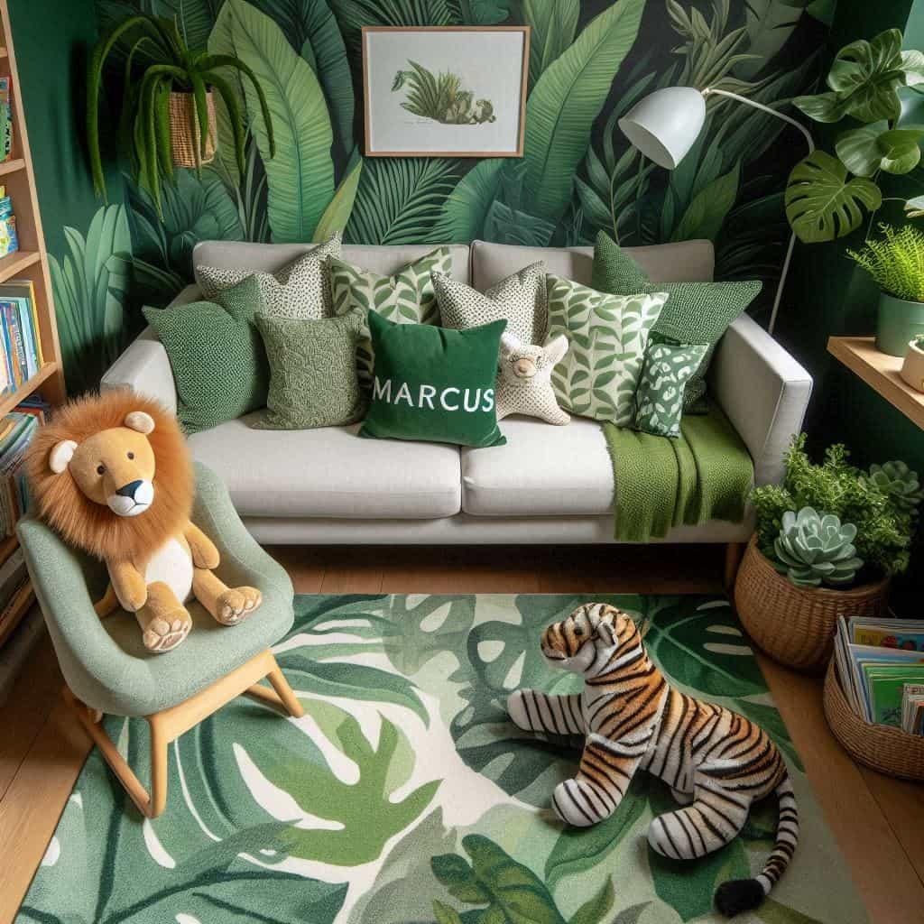 Coin lecture pour enfant sur le theme de la jungle avec canape vert coussins tapis a motifs de feuilles peluches lion et zebre et coussin personnalise brode au prenom marcus