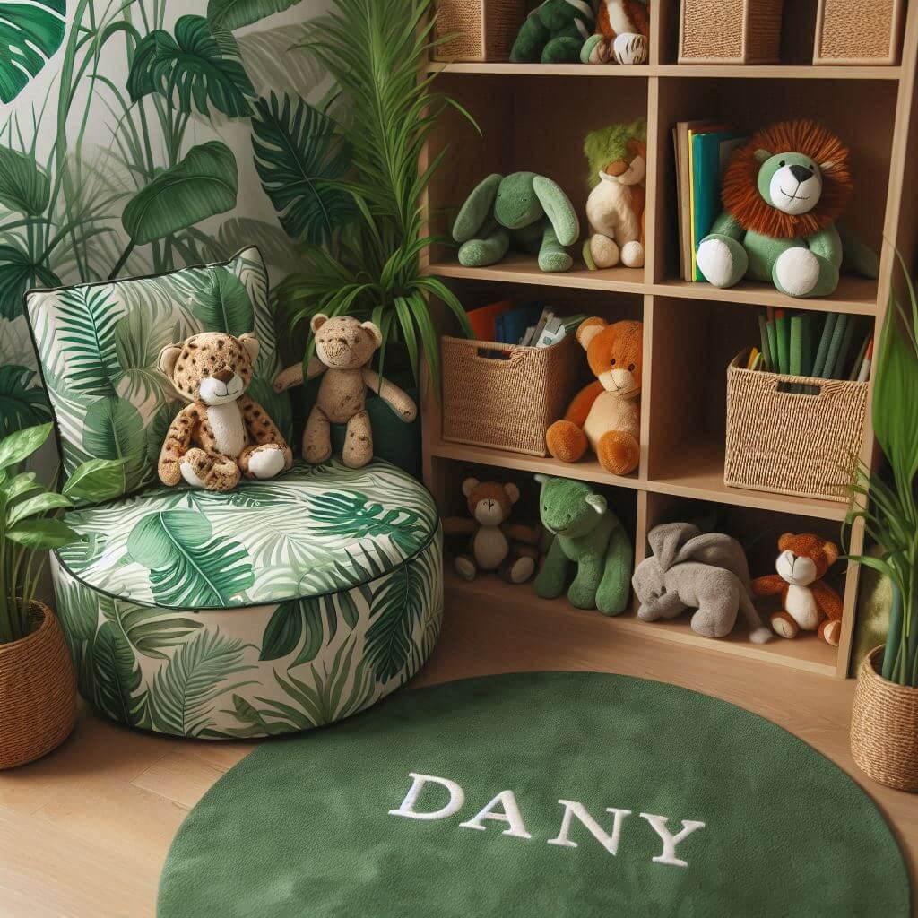 Coin lecture pour enfant sur le theme de la jungle tons verts evoquant vegetation tapis orne motif de feuilles peluches animaux sauvages prenom dany brode sur une couverture vue de