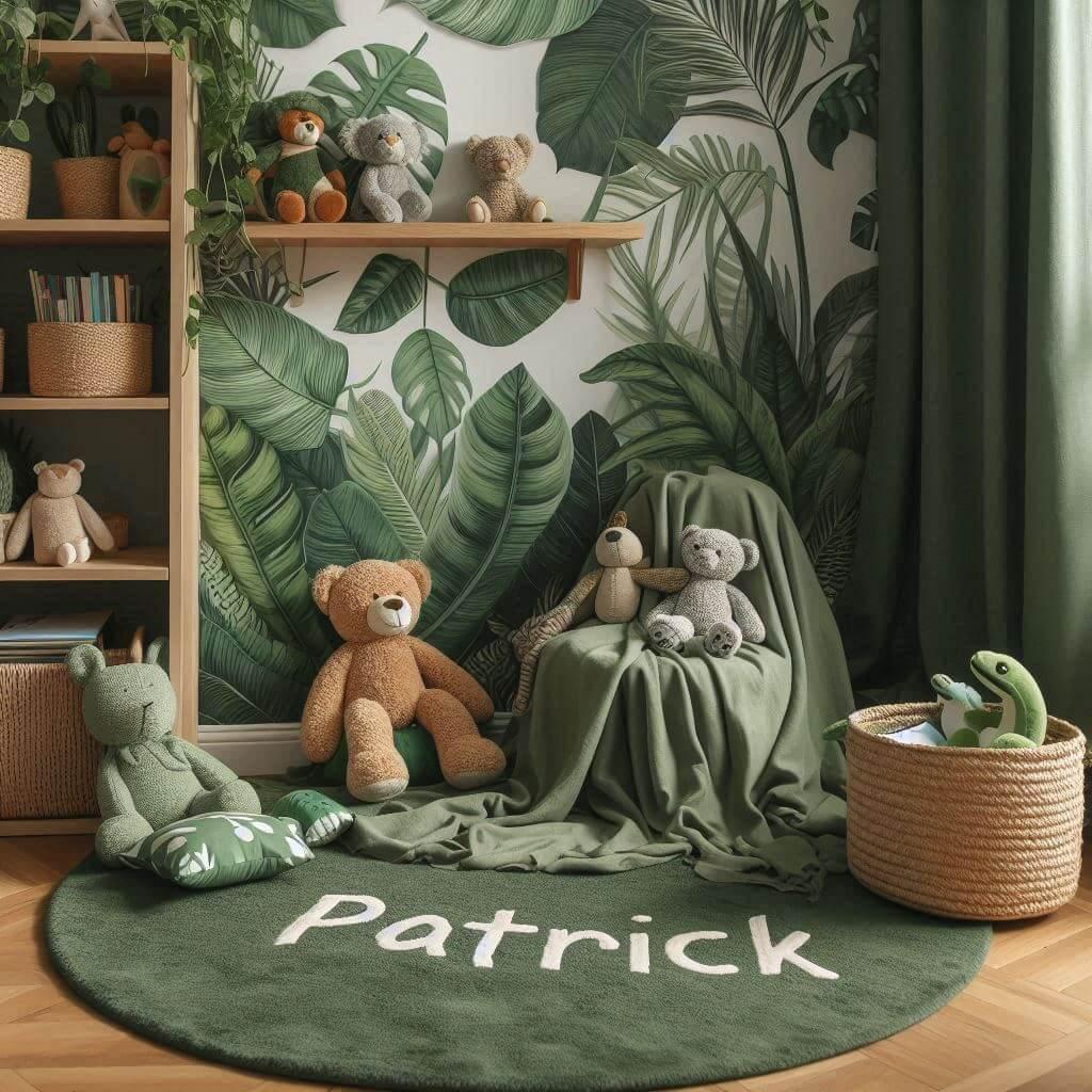 Coin lecture enfant jungle avec tapis feuillage, peluches animaux sauvages et couverture brodée prénom Patrick.