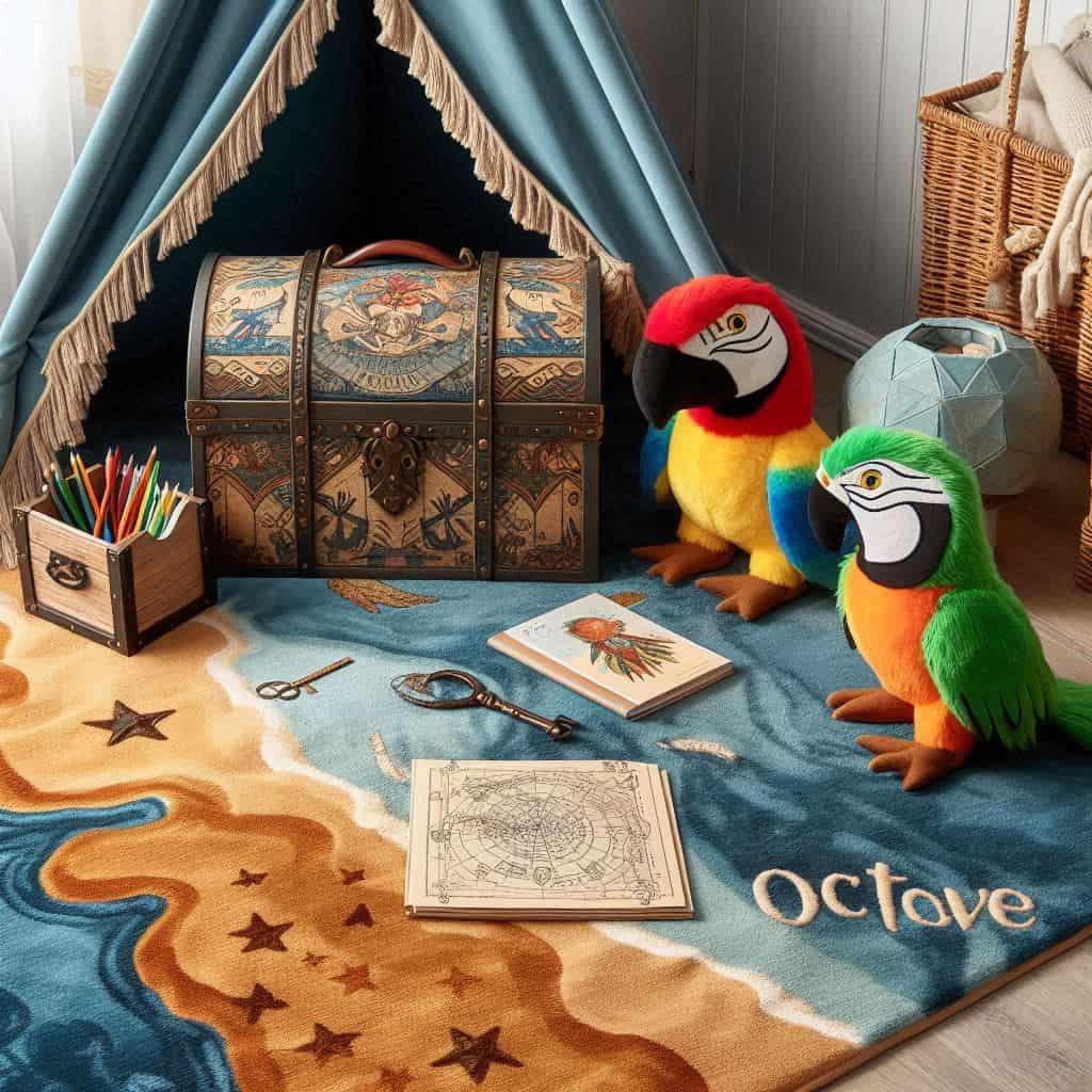Coin lecture pour enfant sur le theme des pirates avec tipi repaire tapis carte au tresor peluches perroquet et coffre cahiers de coloriage et prenom octave sur coussin decoratif