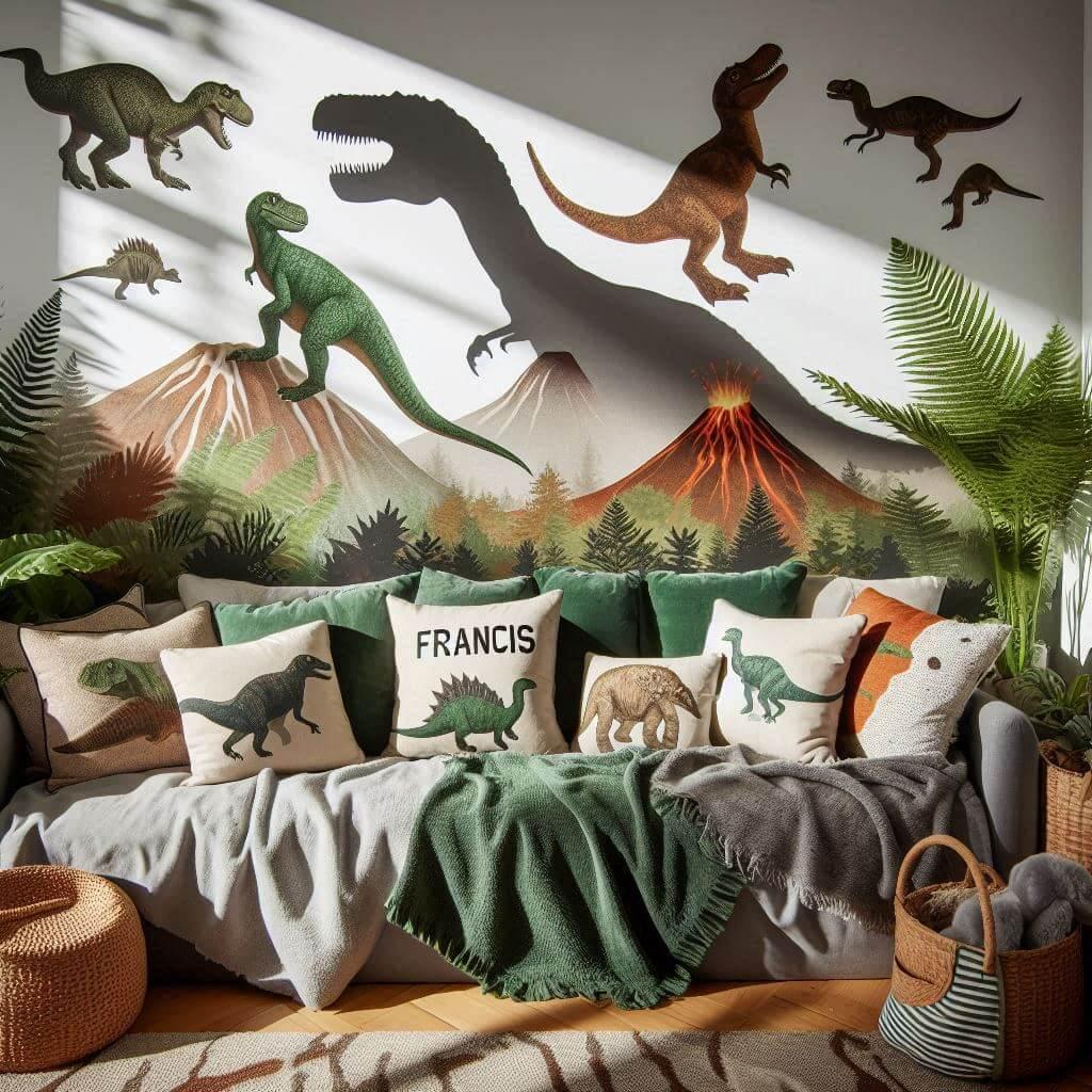 Coin lecture prehistorique inspire des dinosaures avec des nuances de vert de brun et de beige des ombres de fougeres geantes et de volcans des coussins en forme de dinosaures et d