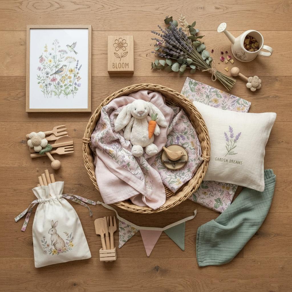 Composition decorative theme fleurs et jardins avec panier en osier lapin en peluche accessoires naturels textiles pastel et elements botaniques