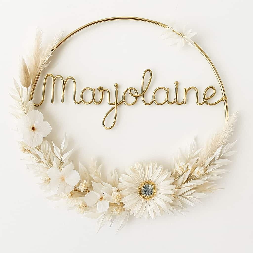 Couronne en fil de fer personnalisee avec le prenom marjolaine fleurs sechees
