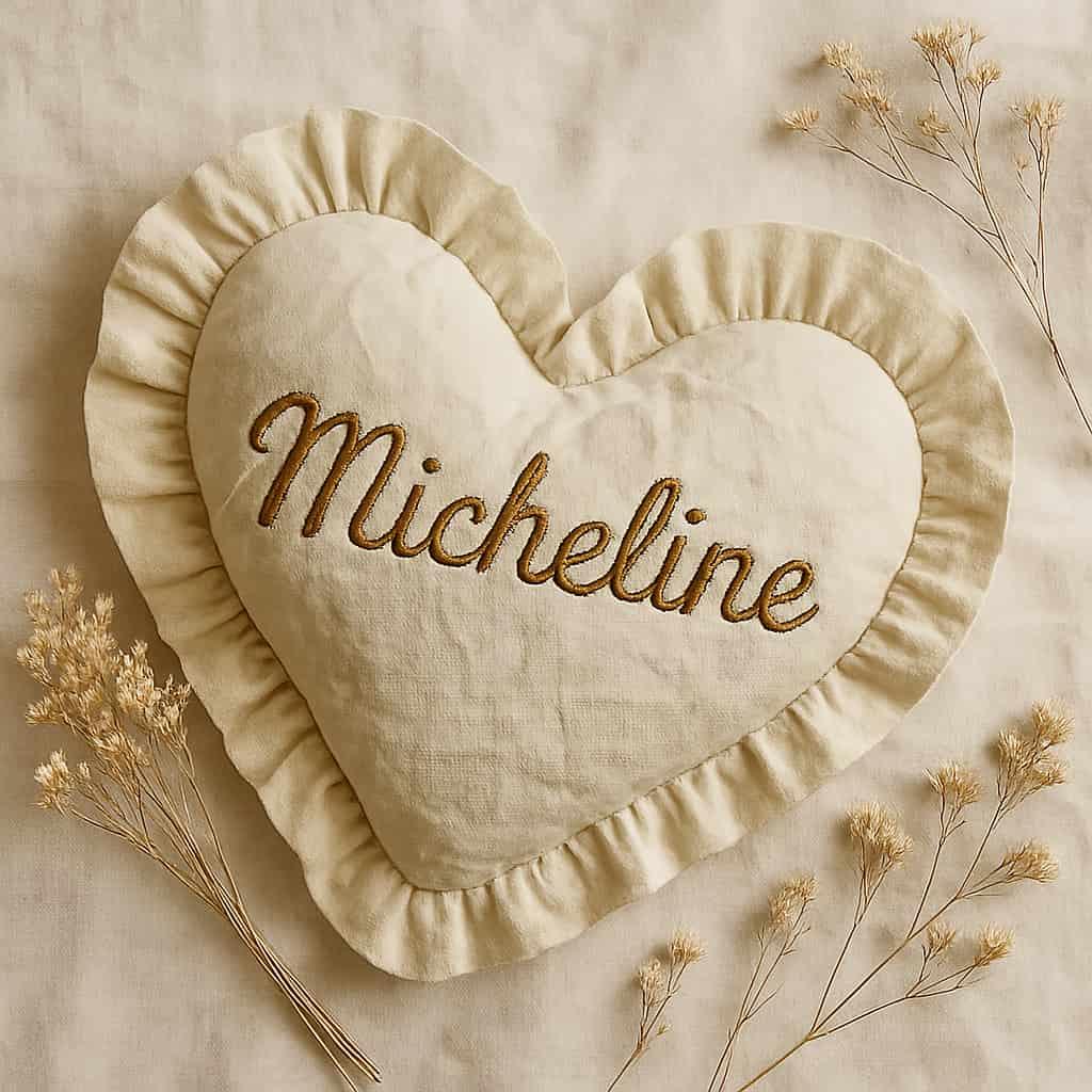 Coussin ancien a volants personnalise avec le prenom micheline couleur beige