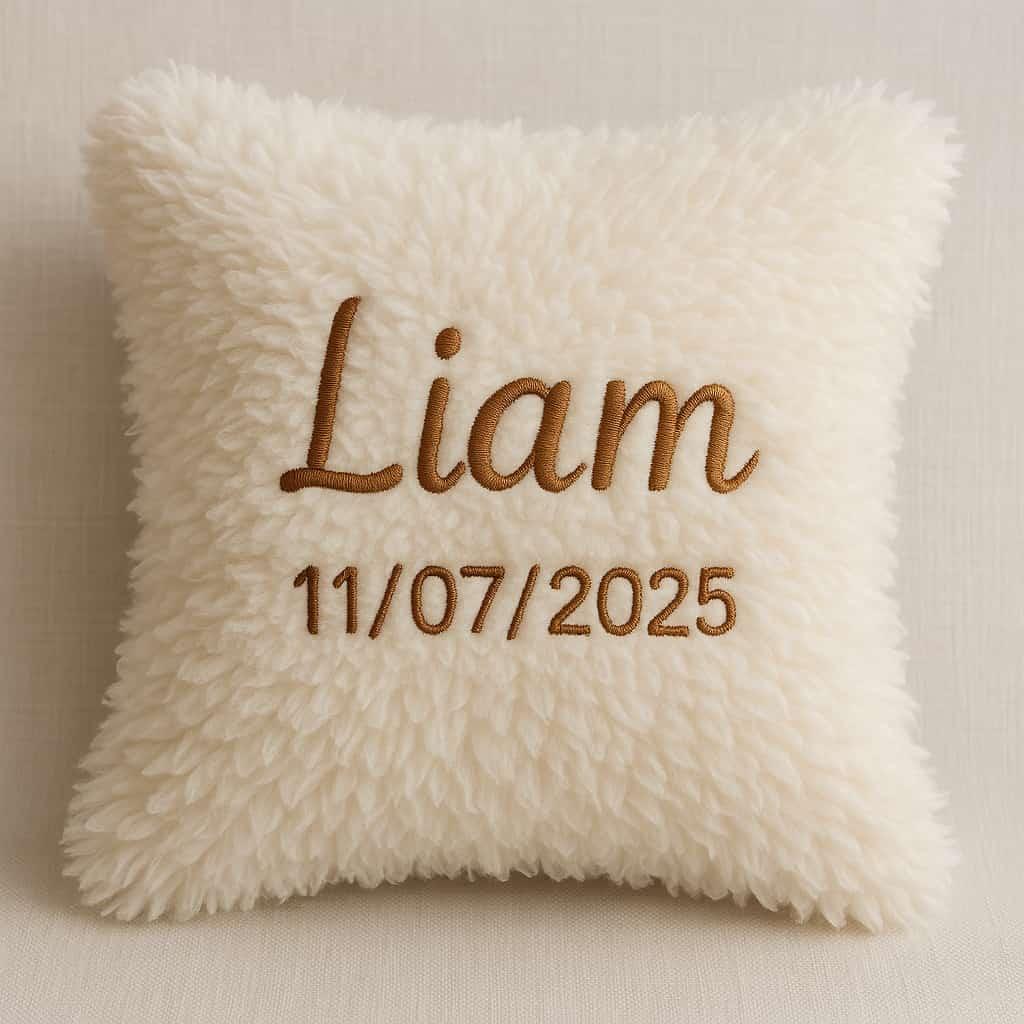 Coussin duveteux personnalise avec le prenom liam et date de naissance